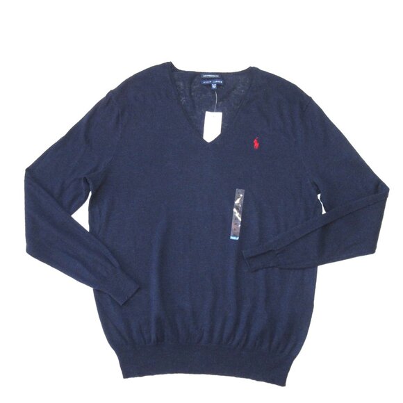 NWT Polo Ralph Lauren V-neck Boyfriend Fit in Navy Cotton Linen Sweater XL - Picture 1 of 5